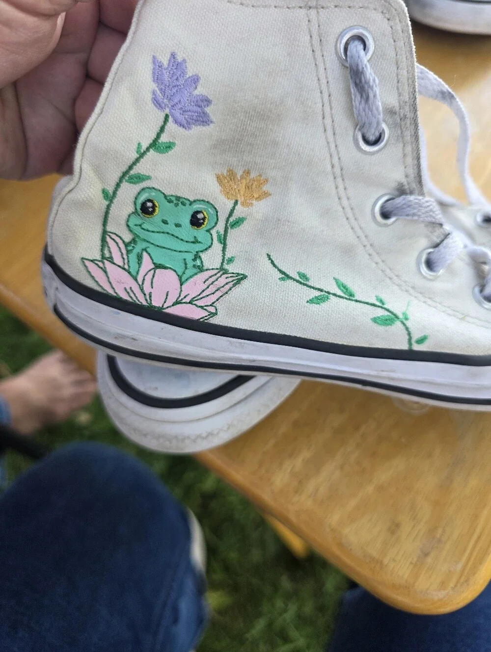 Converse Kids White High-Top Sneakers with Green Frog and Pink Flower Art